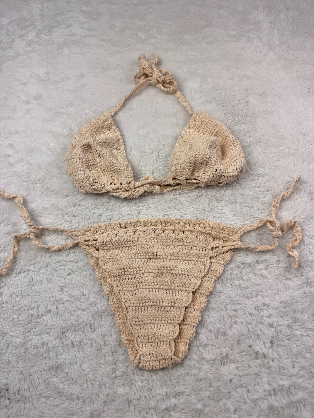 Cream Crochet Bikini Set Boho Handmade Triangle Halter String Tie Swimwear